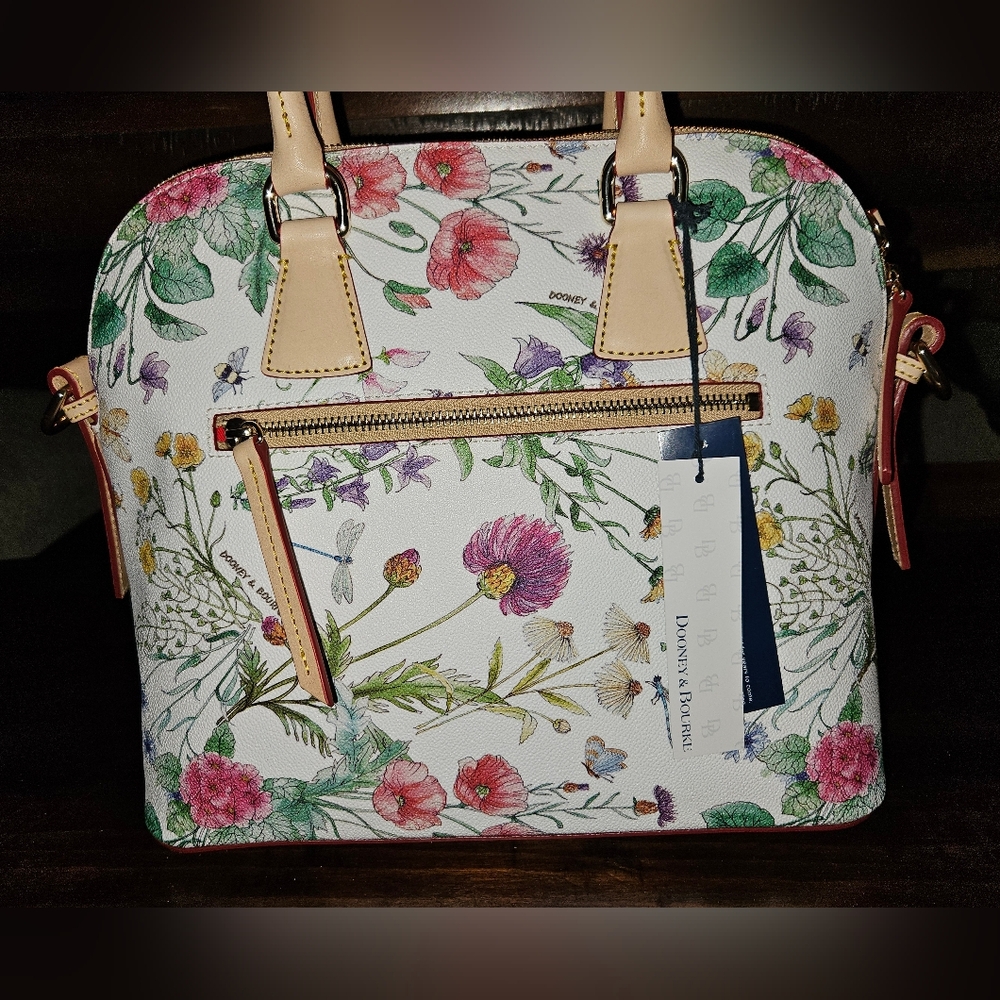 Dooney & Bourke White Floral Satchel with Tan Handles - Picture 4 of 13